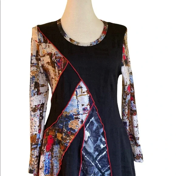 Paris, multicolored tunic, short dress, patchwork, uneven hem, stretchy, L - Picture 8 of 11